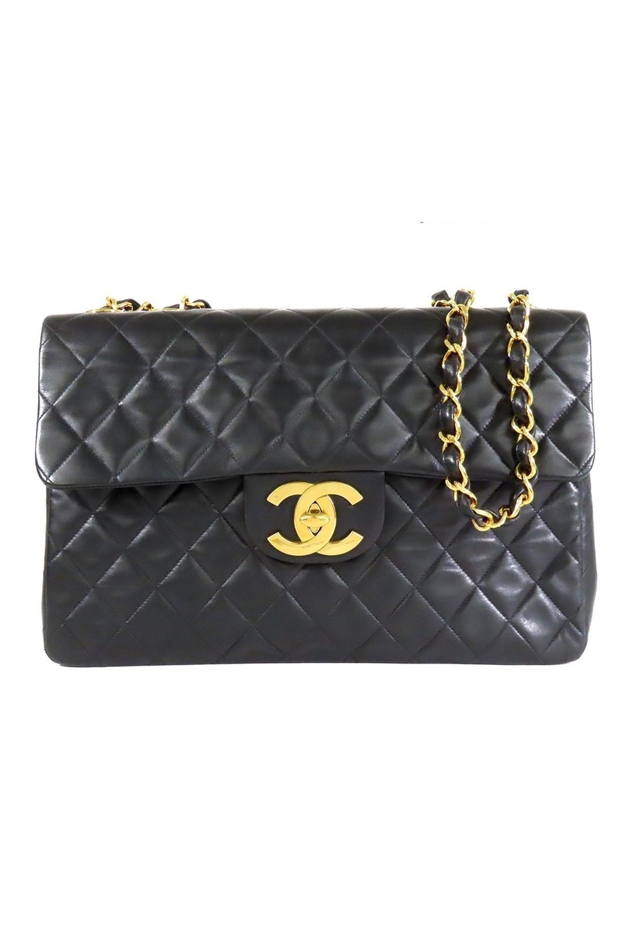 Chanel Single Flap Chain Black Gold Lambskin Maxi Quilted Shoulder Bag Vintage
